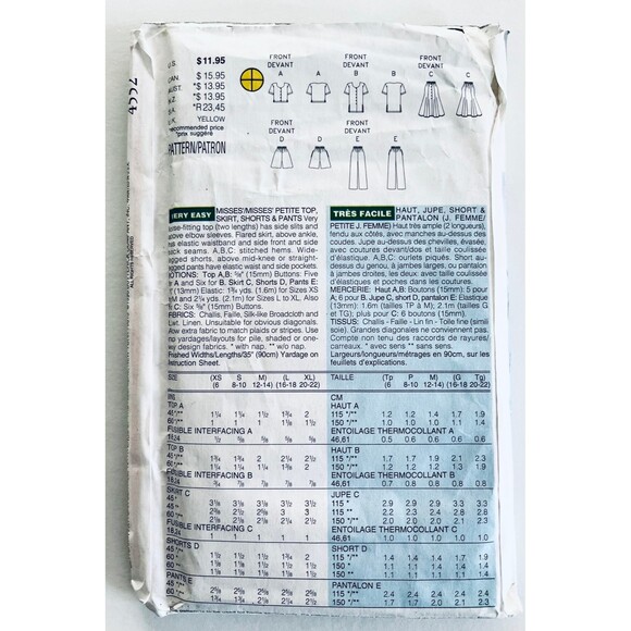 Vintage 90s Butterick 4552 Top Skirt Shorts Pants Sewing Pattern Sz XS-M UNCUT - Picture 2 of 2